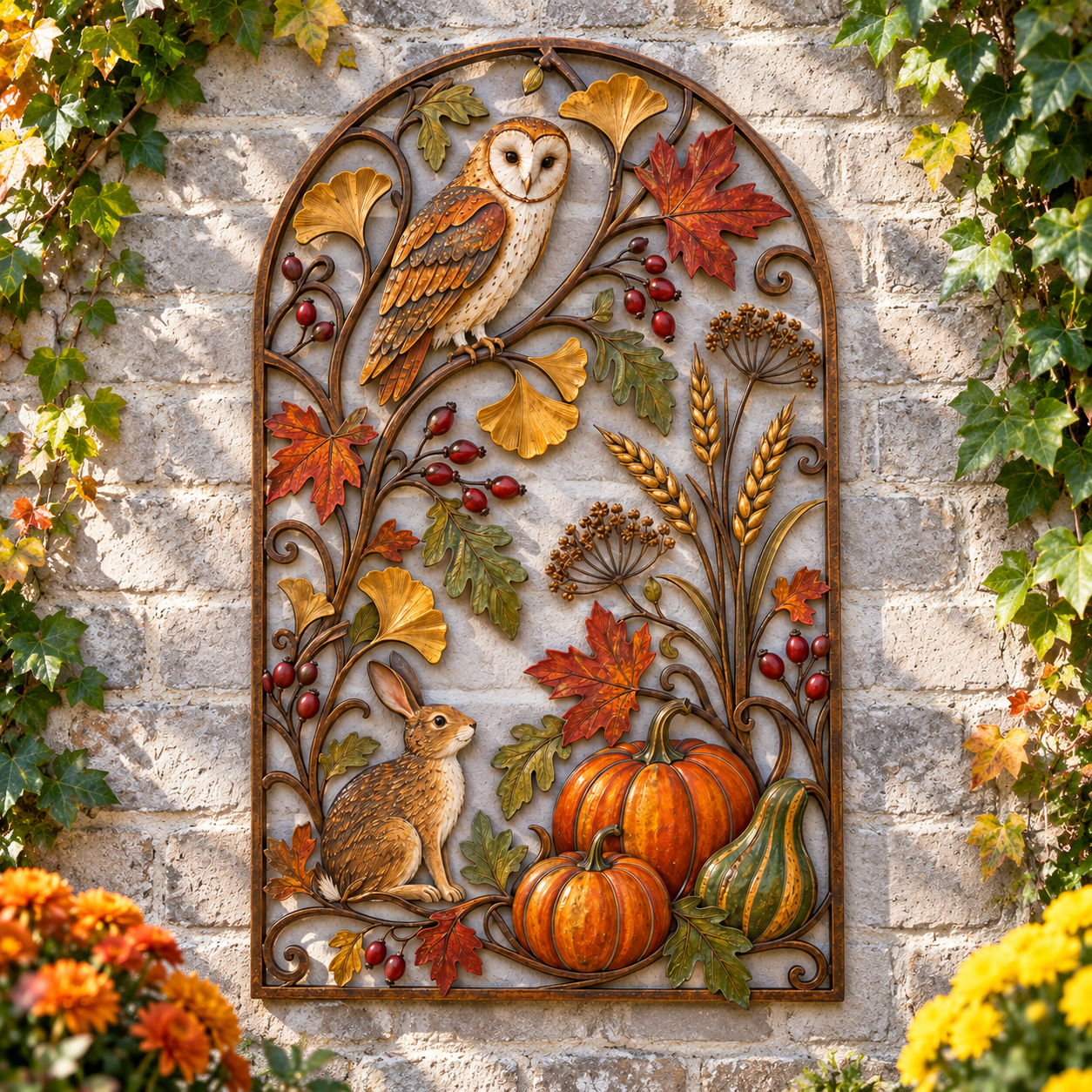 Autumn Owl & Rabbit Harvest Metal Wall Decor