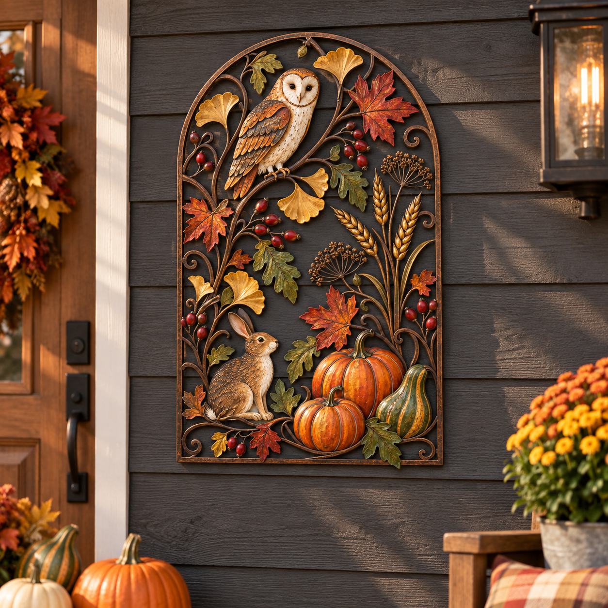 Autumn Owl & Rabbit Harvest Metal Wall Decor