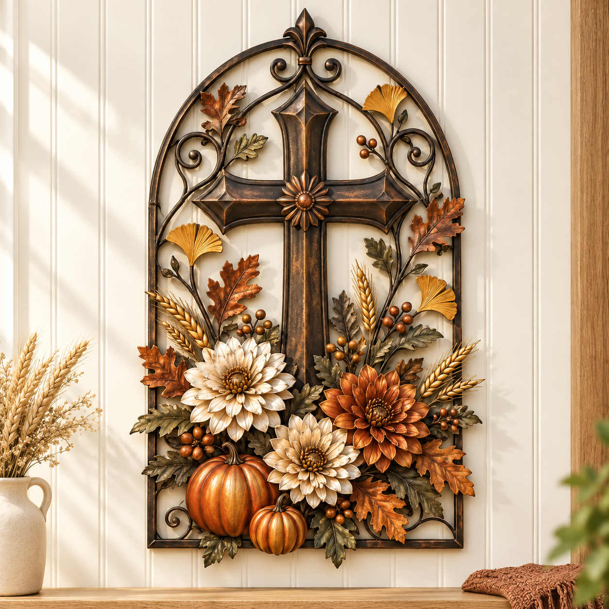 Autumn Cross & Floral Harvest Metal Wall Decor