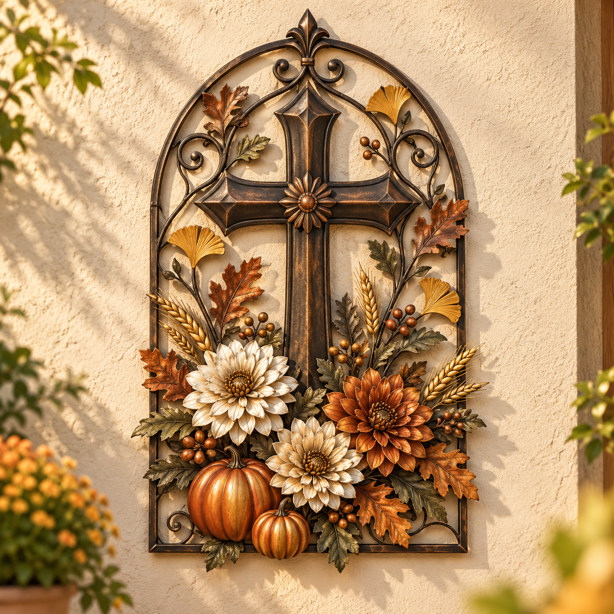 Autumn Cross & Floral Harvest Metal Wall Decor
