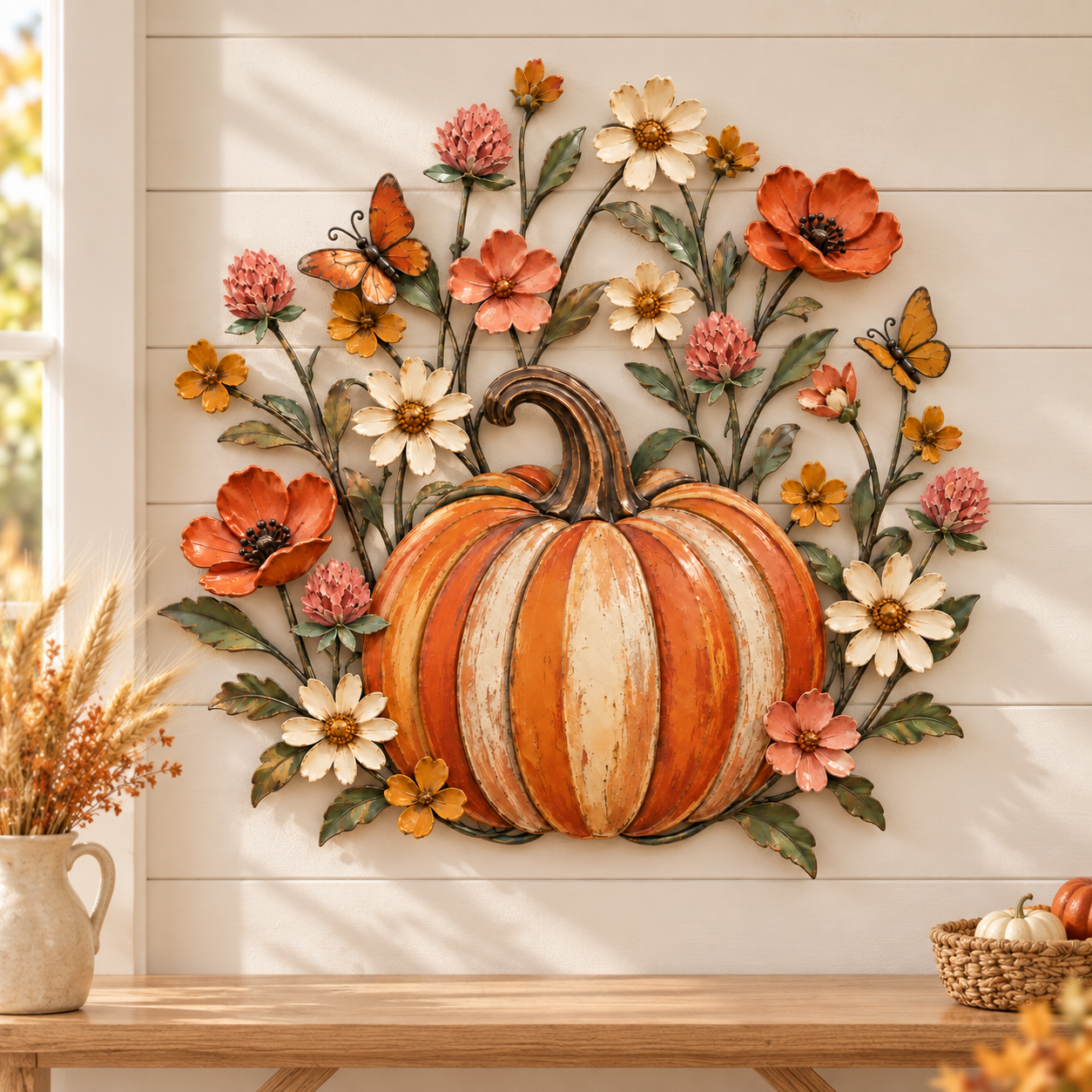 Pumpkin & Wildflower Butterfly Metal Wall Decor