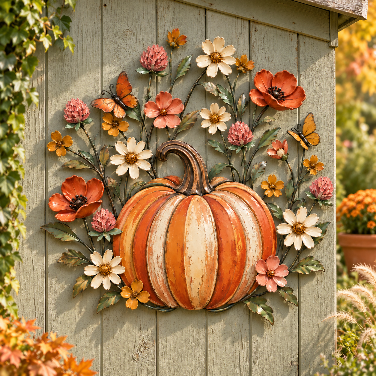 Pumpkin & Wildflower Butterfly Metal Wall Decor