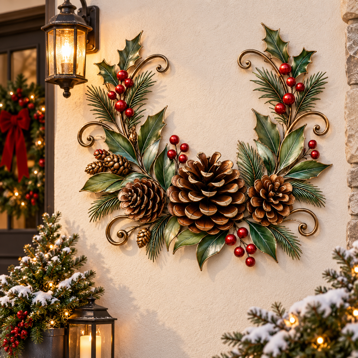 Christmas Pinecone Holly Metal Wall Decor