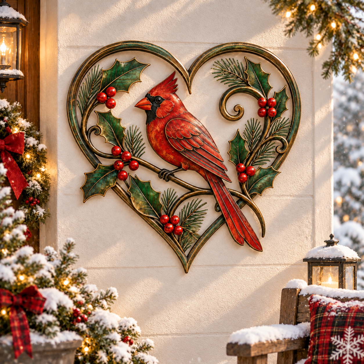 Christmas Cardinal Heart Metal Wall Decor