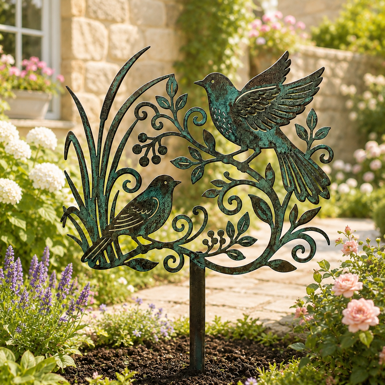 Patina Birds Garden Stake