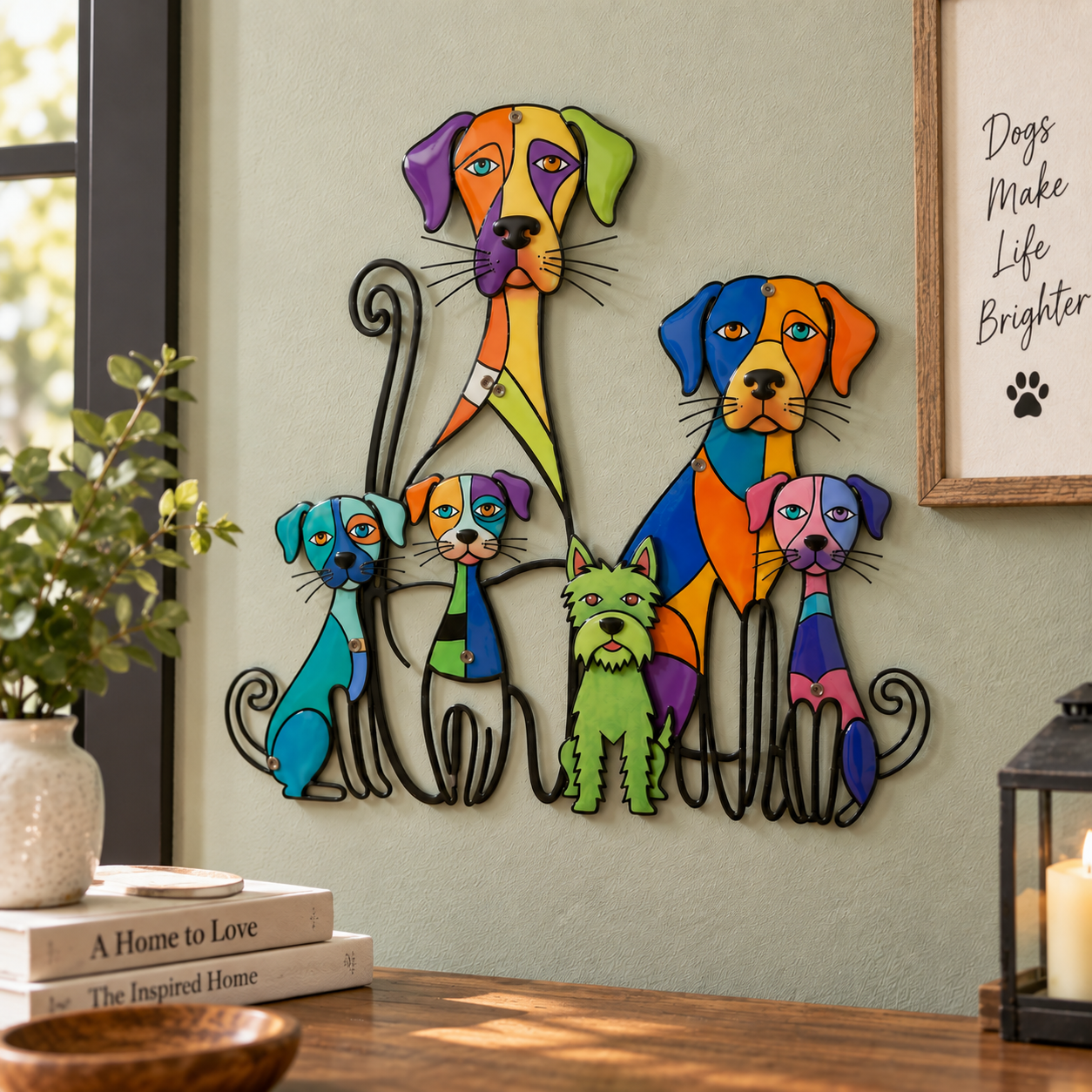 Colorful dog family wall art displayed beside dog themed home decor