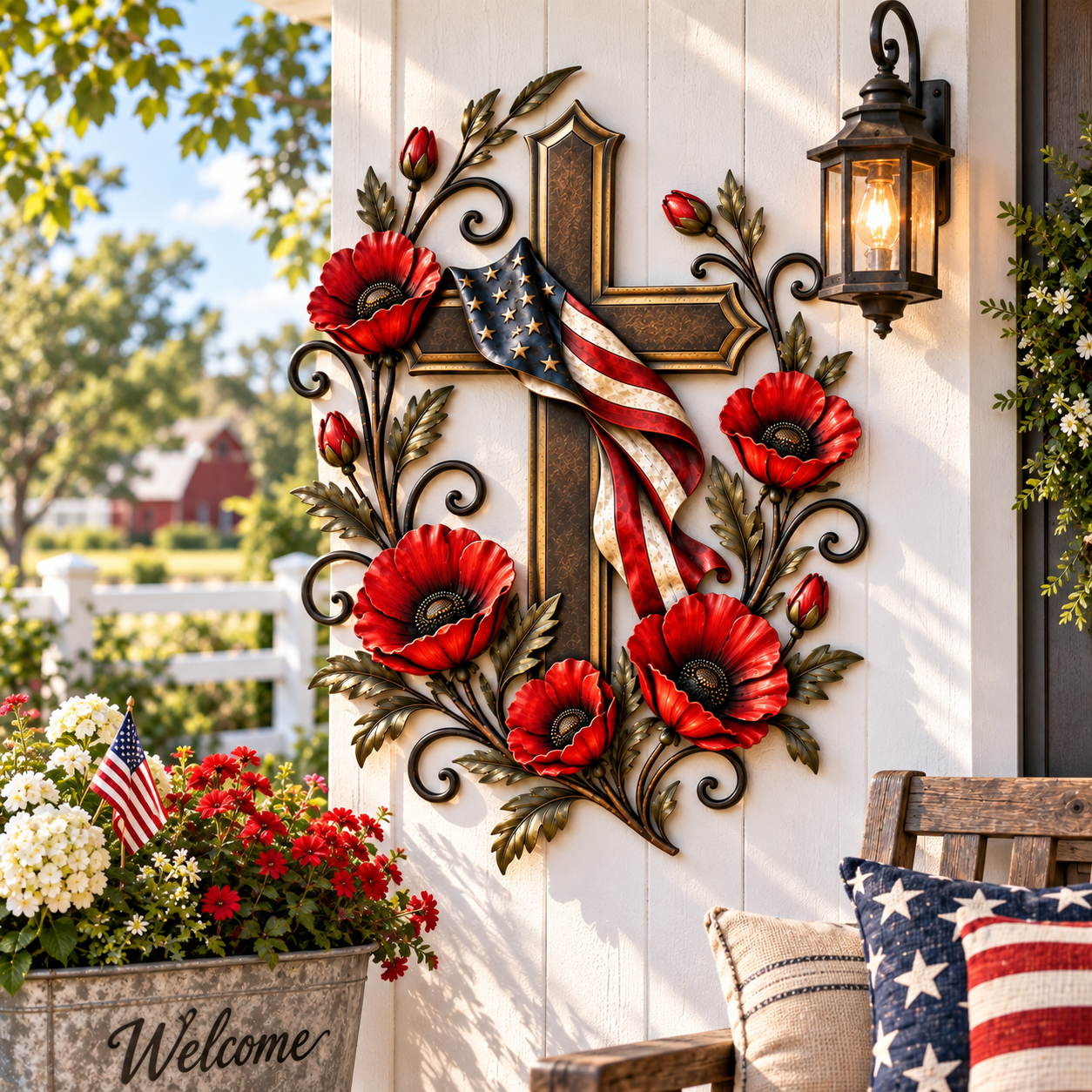 American Flag Cross & Red Poppy Metal Wall Decor