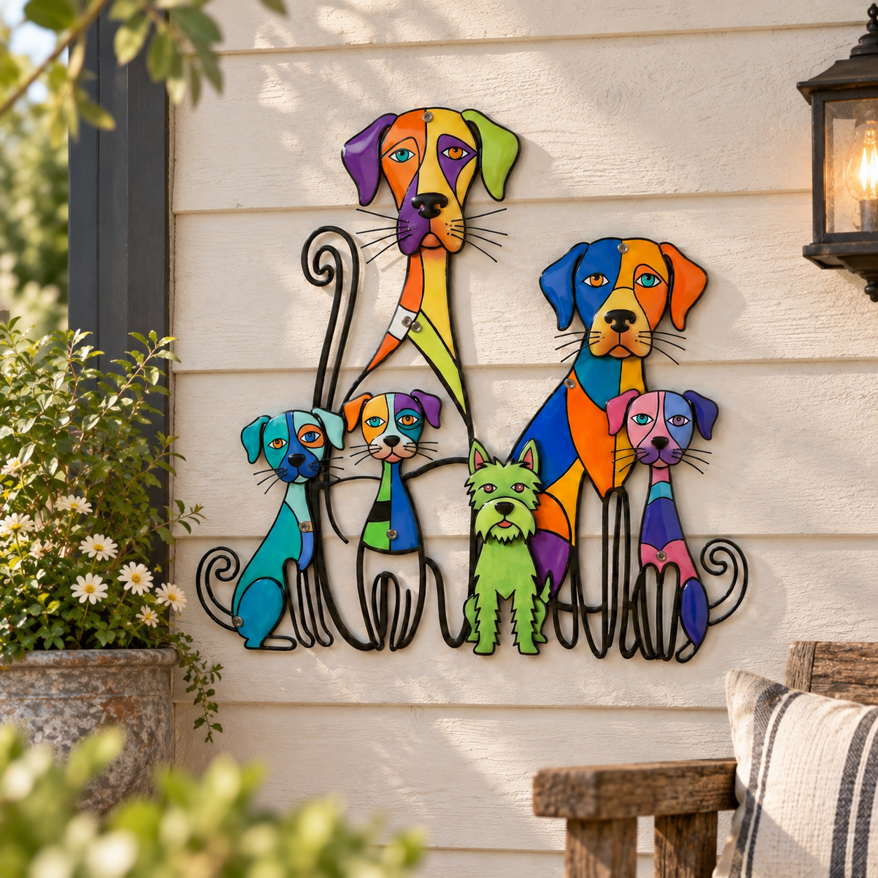 Colorful metal dog family wall art on covered porch wall