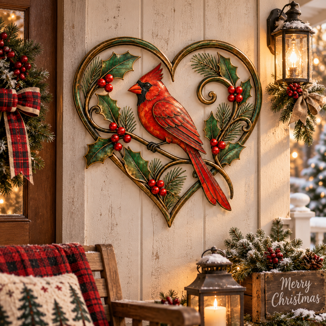 Christmas Cardinal Heart Metal Wall Decor