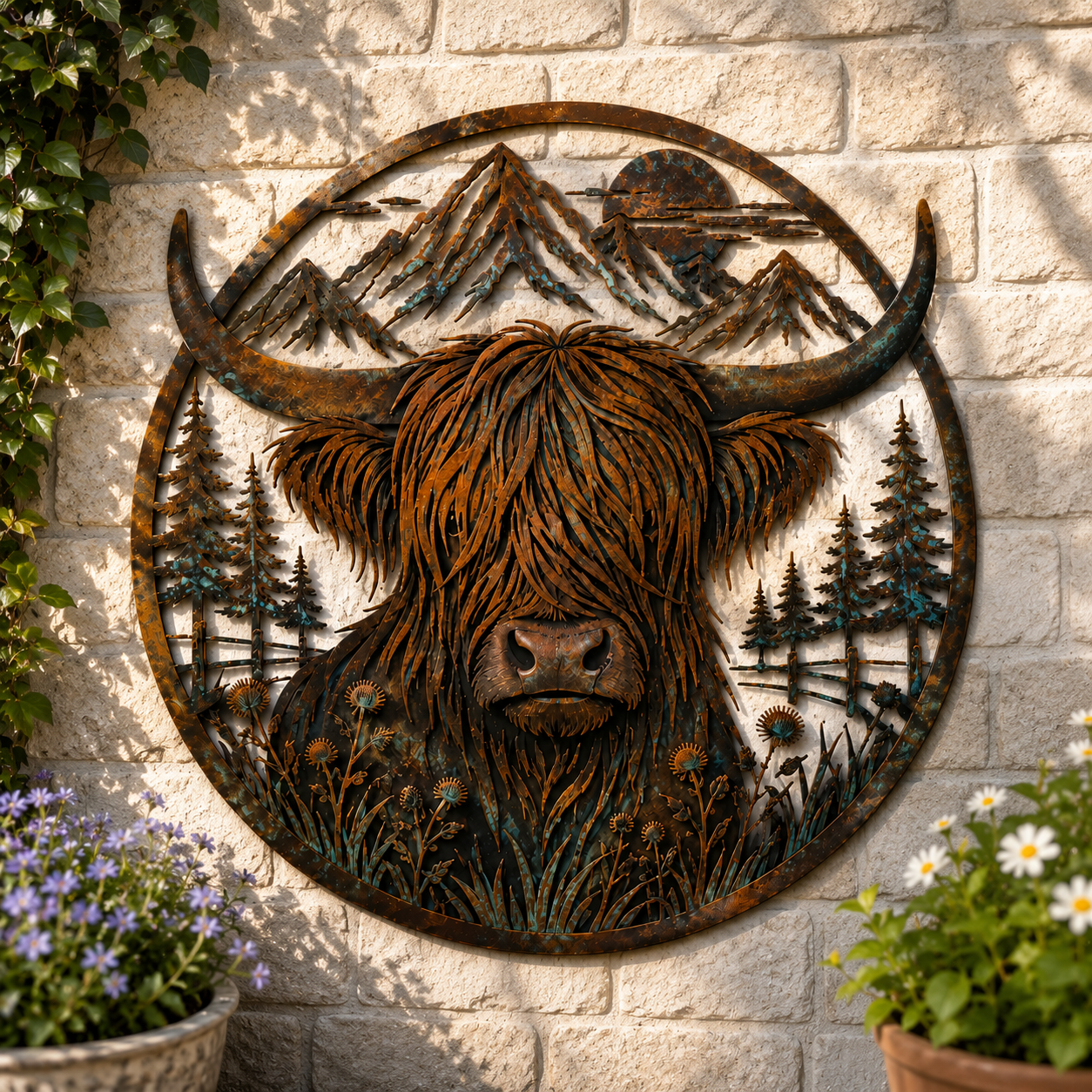Highland Cow Mountain Metal Wall Decor