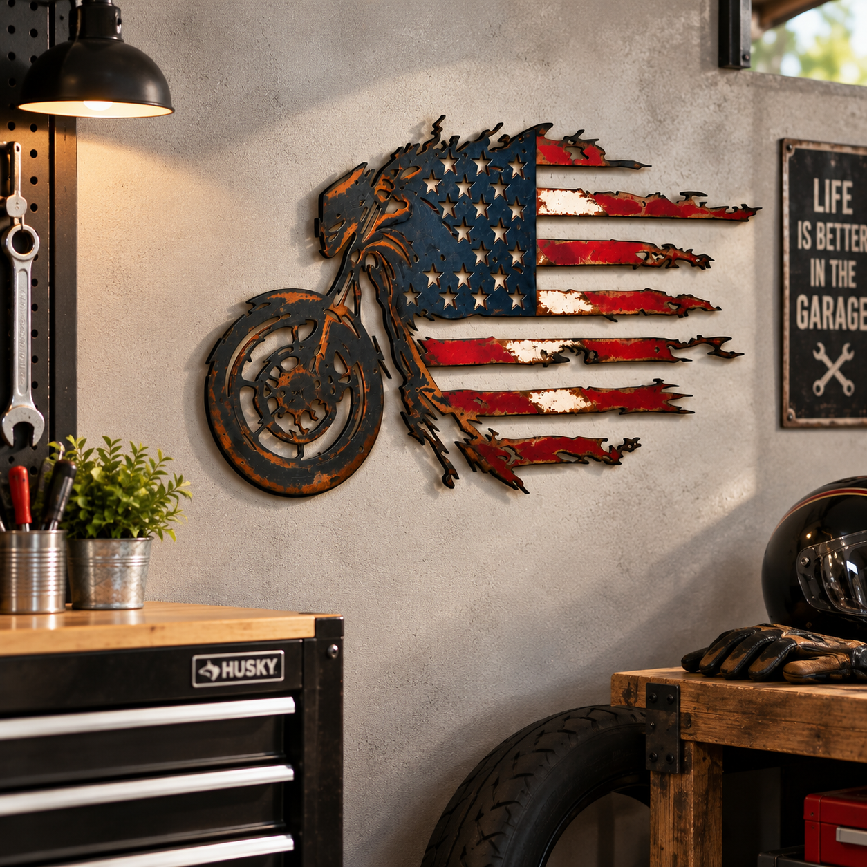 Patriotic Motorcycle American Flag Metal Wall Art