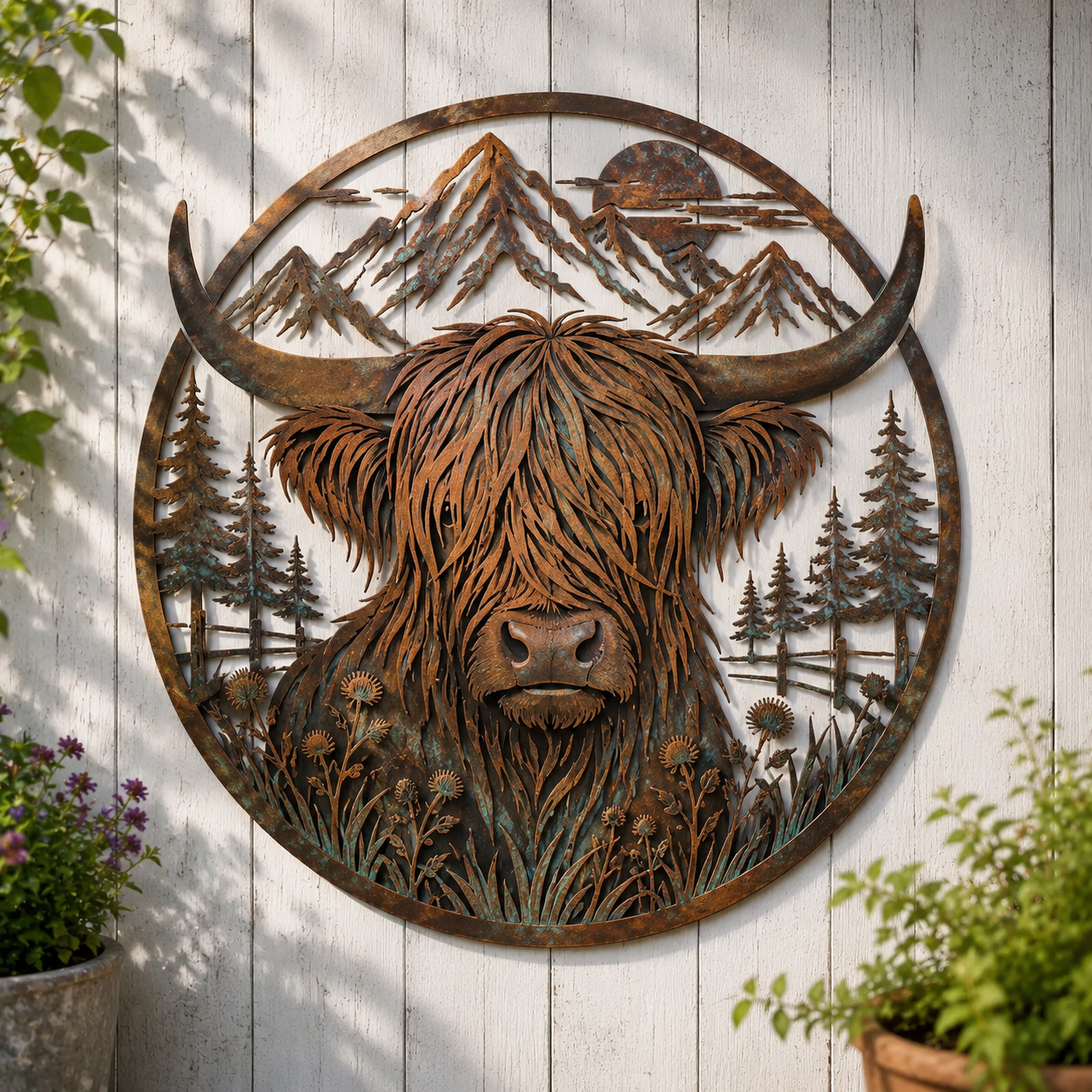 Highland Cow Mountain Metal Wall Decor