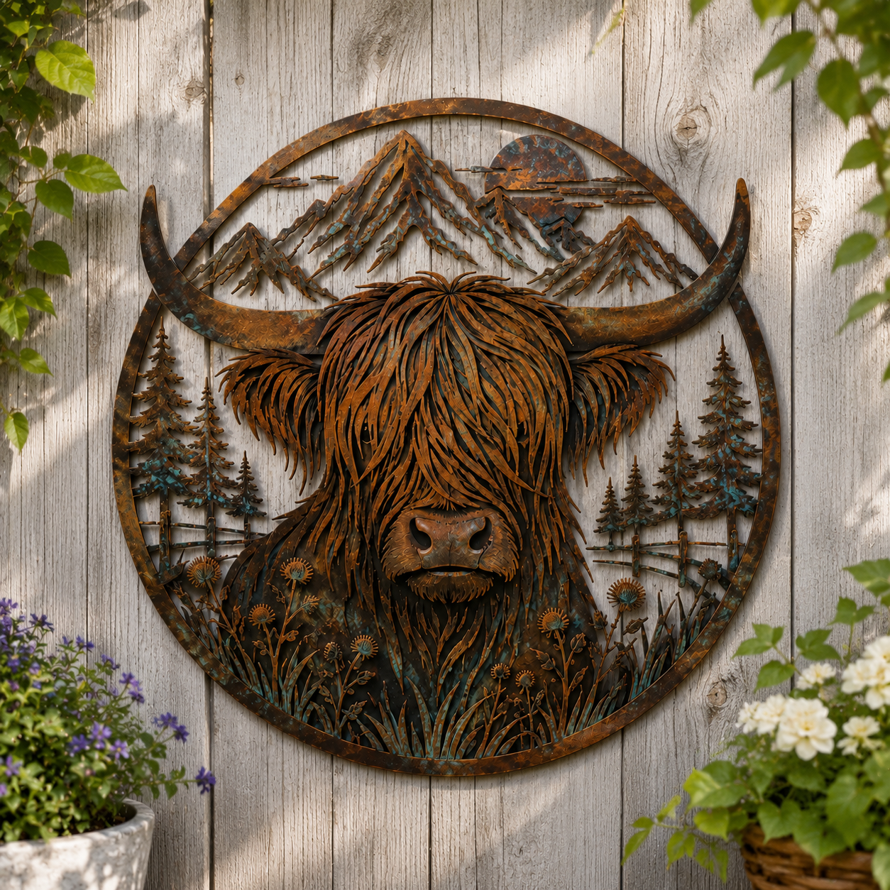Highland Cow Mountain Metal Wall Decor