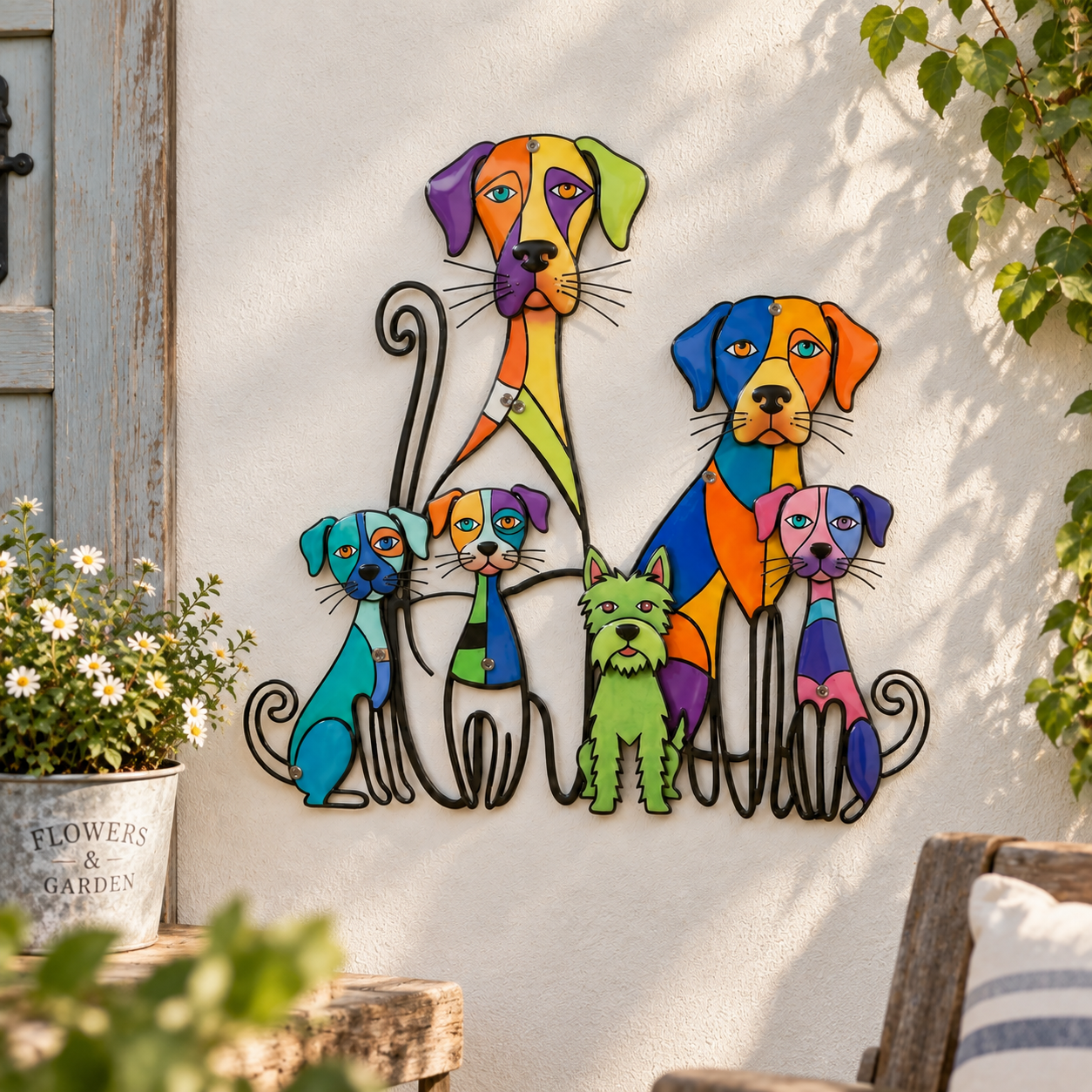 Colorful dog family metal wall art displayed on a bright outdoor wall