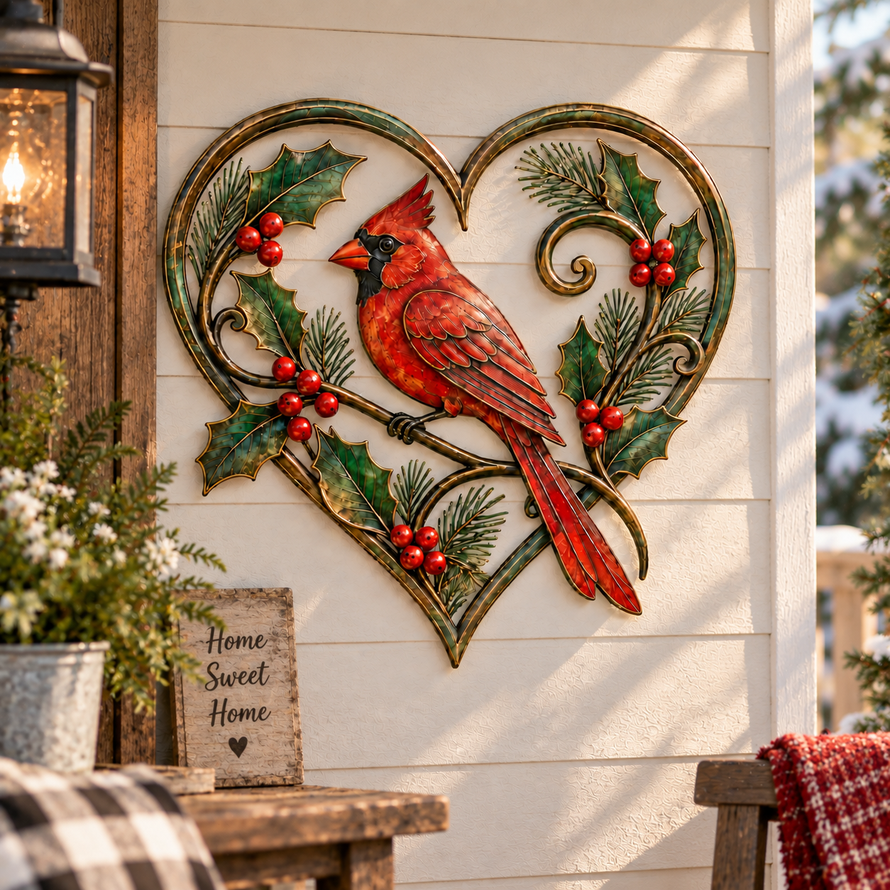 Christmas Cardinal Heart Metal Wall Decor