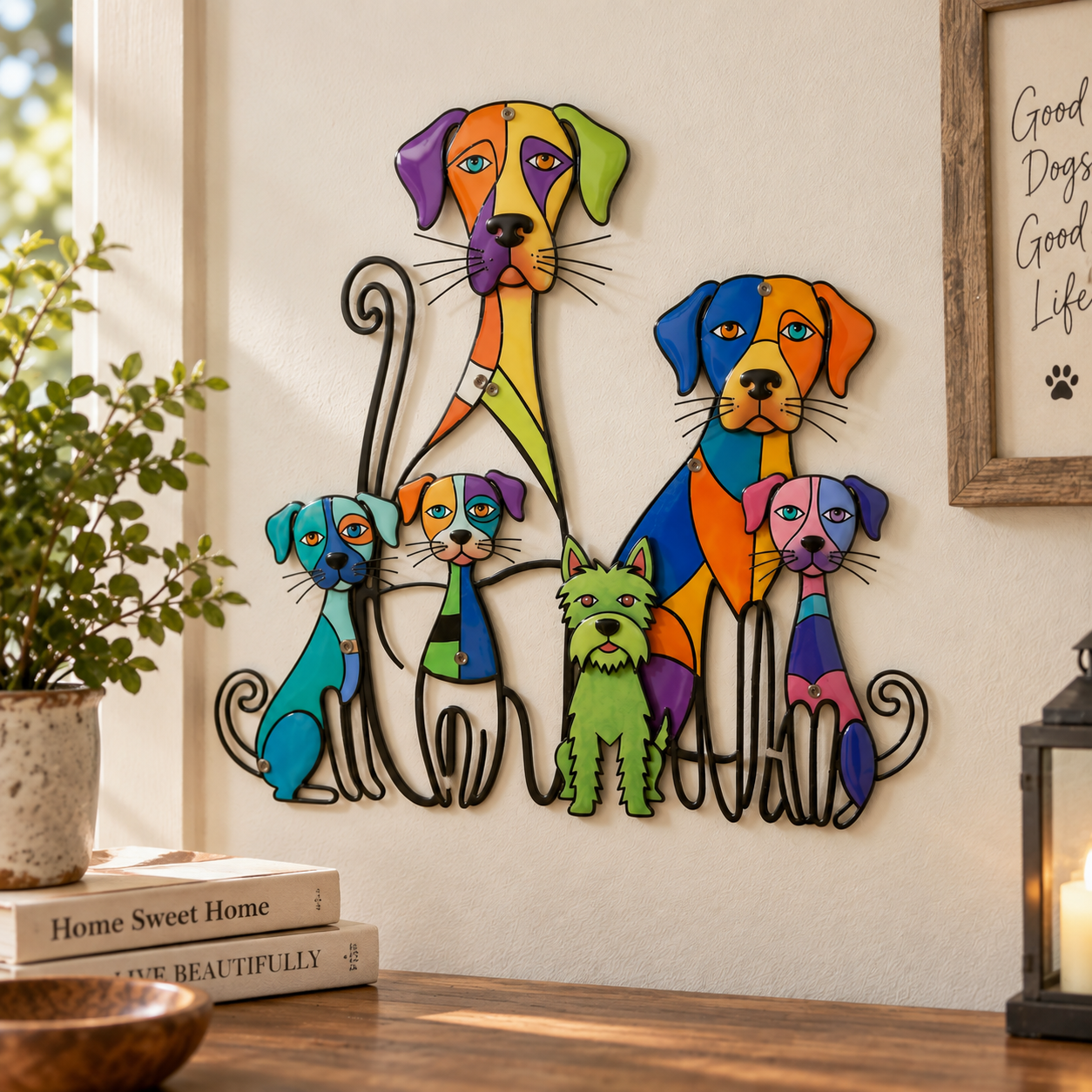Bright colorful dog family metal art in cozy dog lover home