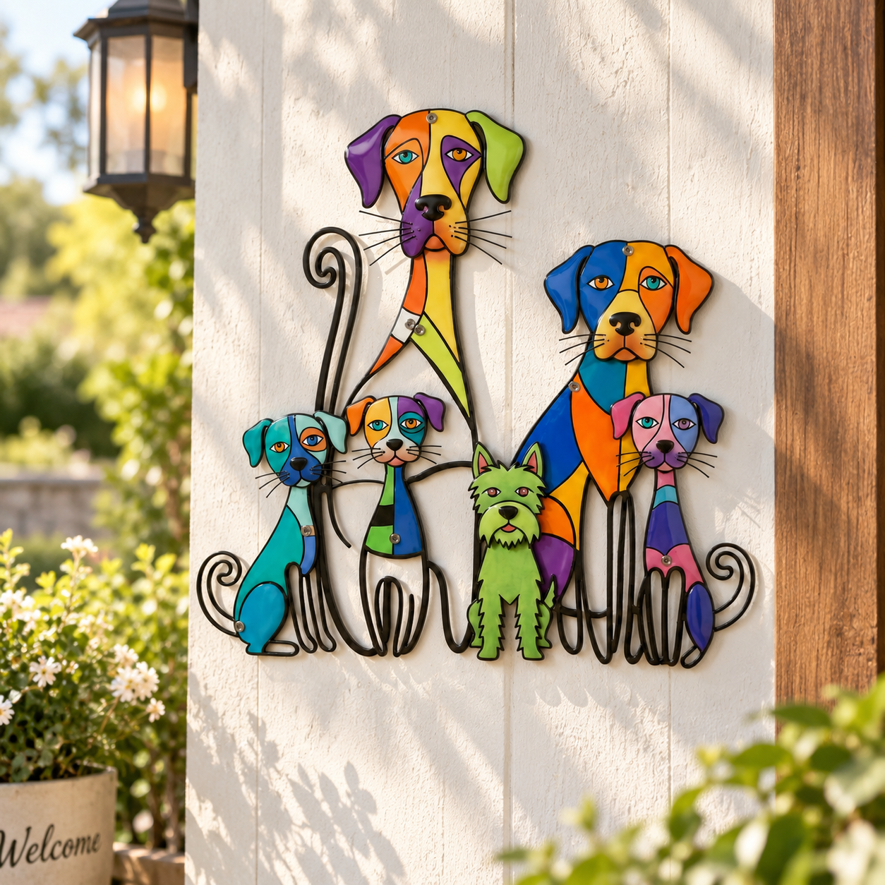 Colorful six dog metal wall decoration on farmhouse exterior wall