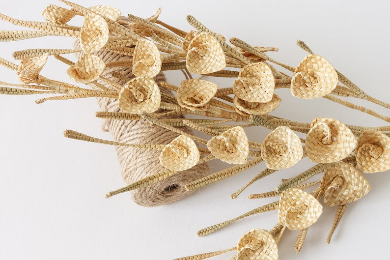 Straw Woven Bouquet, Rustic Floral Arrangement