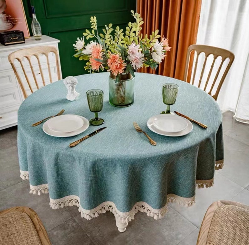 Cotton Linen Rectangular and Round Tablecloths with Tassels, Suitable for Home Decoration