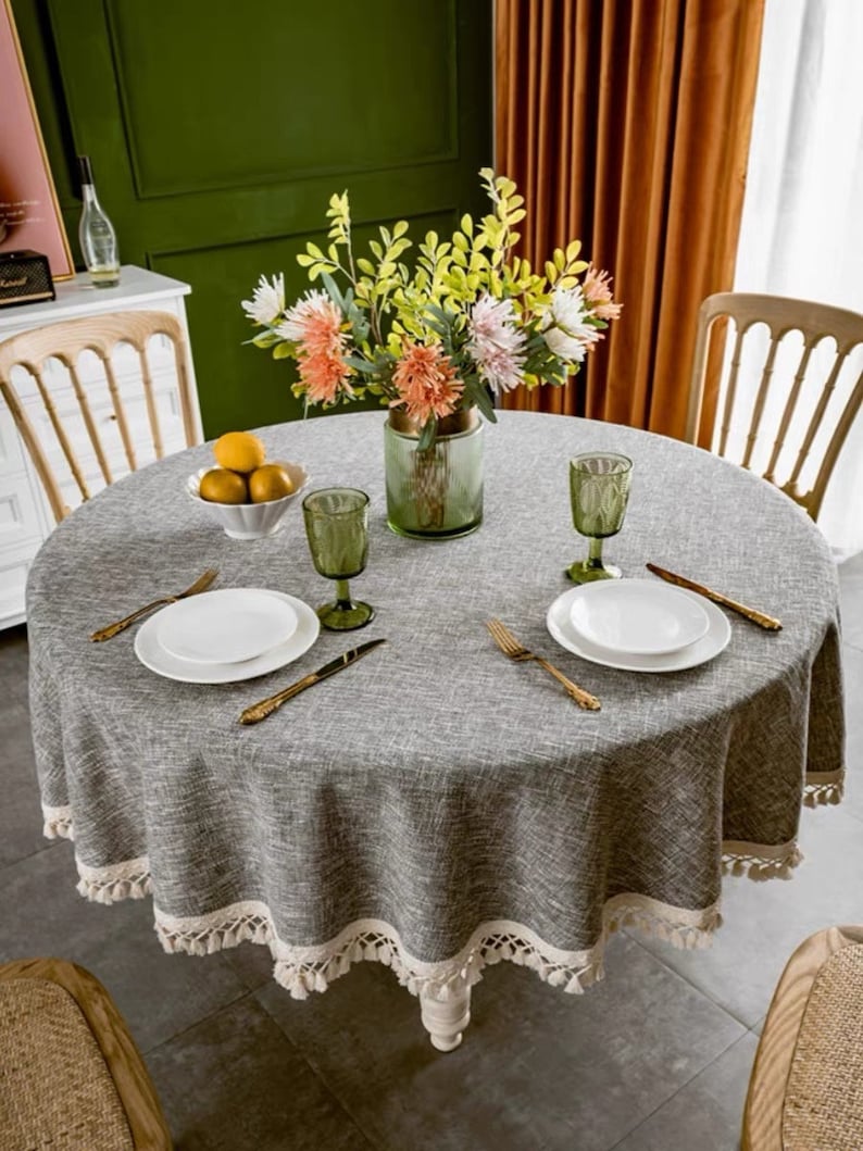 Cotton Linen Rectangular and Round Tablecloths with Tassels, Suitable for Home Decoration