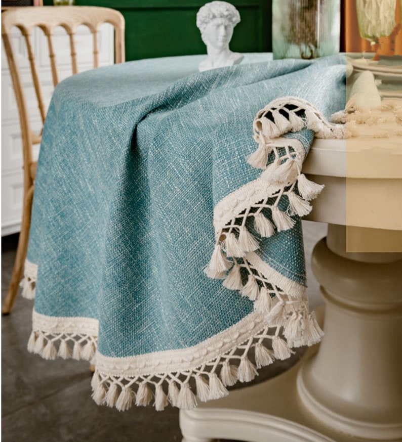 Cotton Linen Rectangular and Round Tablecloths with Tassels, Suitable for Home Decoration