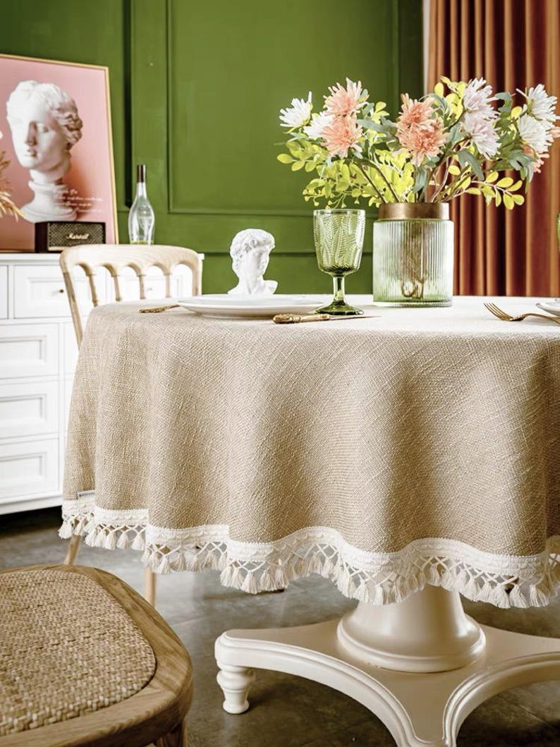 Cotton Linen Rectangular and Round Tablecloths with Tassels, Suitable for Home Decoration