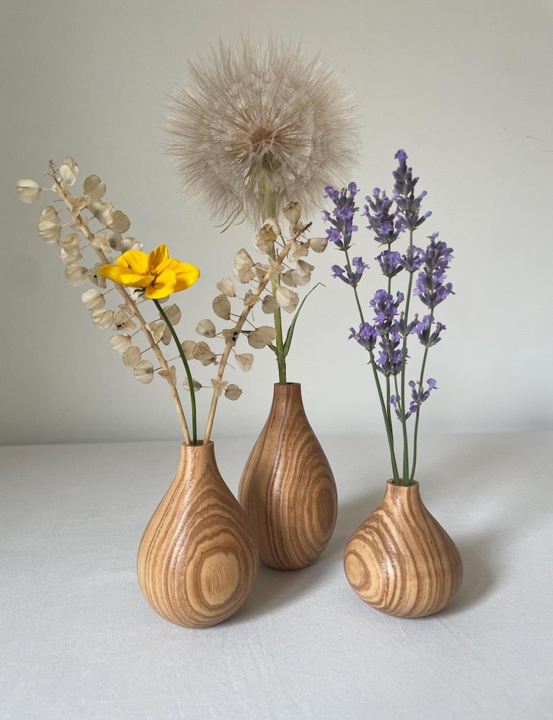 Three-Piece Handmade Carved Wooden Vase Set, Rustic Style Dried Flower Decoration