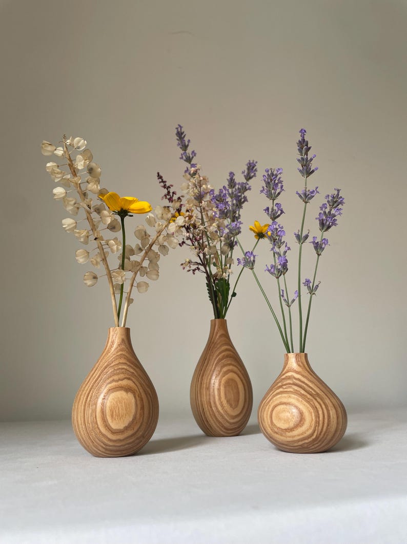 Three-Piece Handmade Carved Wooden Vase Set, Rustic Style Dried Flower Decoration