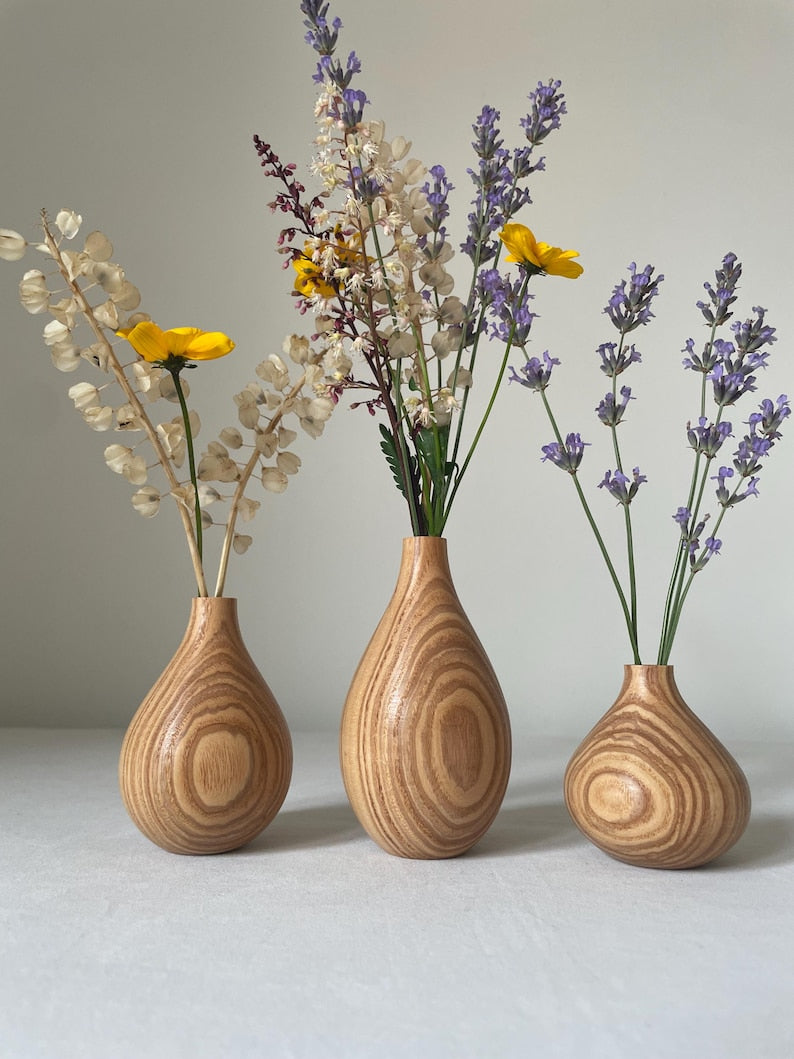 Three-Piece Handmade Carved Wooden Vase Set, Rustic Style Dried Flower Decoration