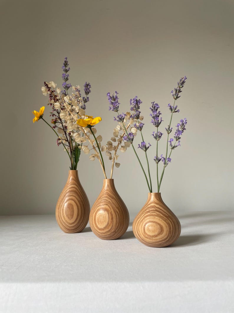 Three-Piece Handmade Carved Wooden Vase Set, Rustic Style Dried Flower Decoration