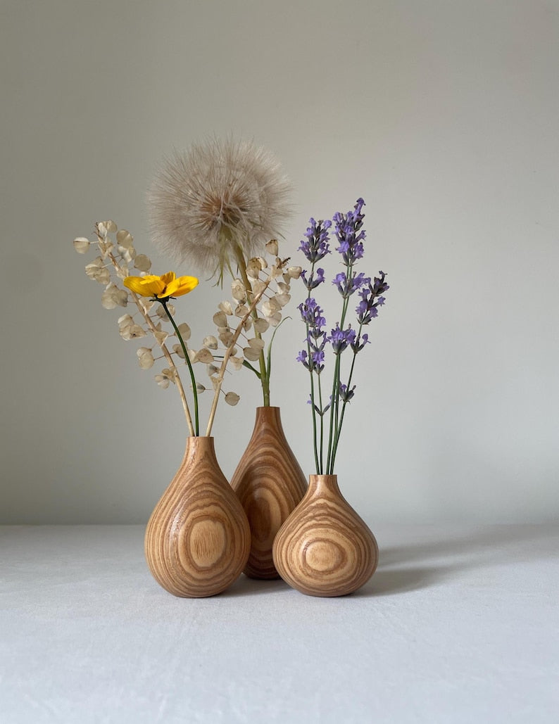 Three-Piece Handmade Carved Wooden Vase Set, Rustic Style Dried Flower Decoration