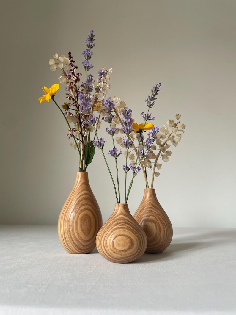Three-Piece Handmade Carved Wooden Vase Set, Rustic Style Dried Flower Decoration