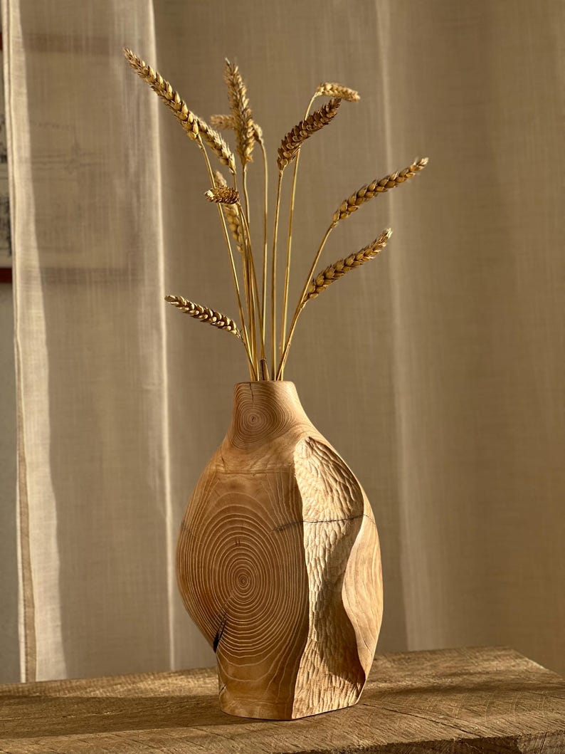 Abstract Organic Hand-carved Wooden Vase, Rustic Home Art Decoration
