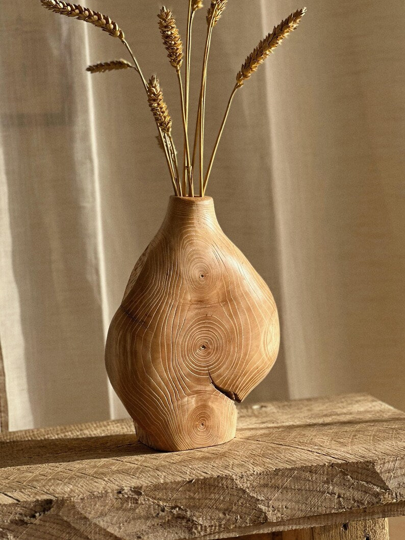Abstract Organic Hand-carved Wooden Vase, Rustic Home Art Decoration