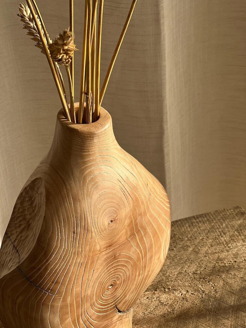 Abstract Organic Hand-carved Wooden Vase, Rustic Home Art Decoration
