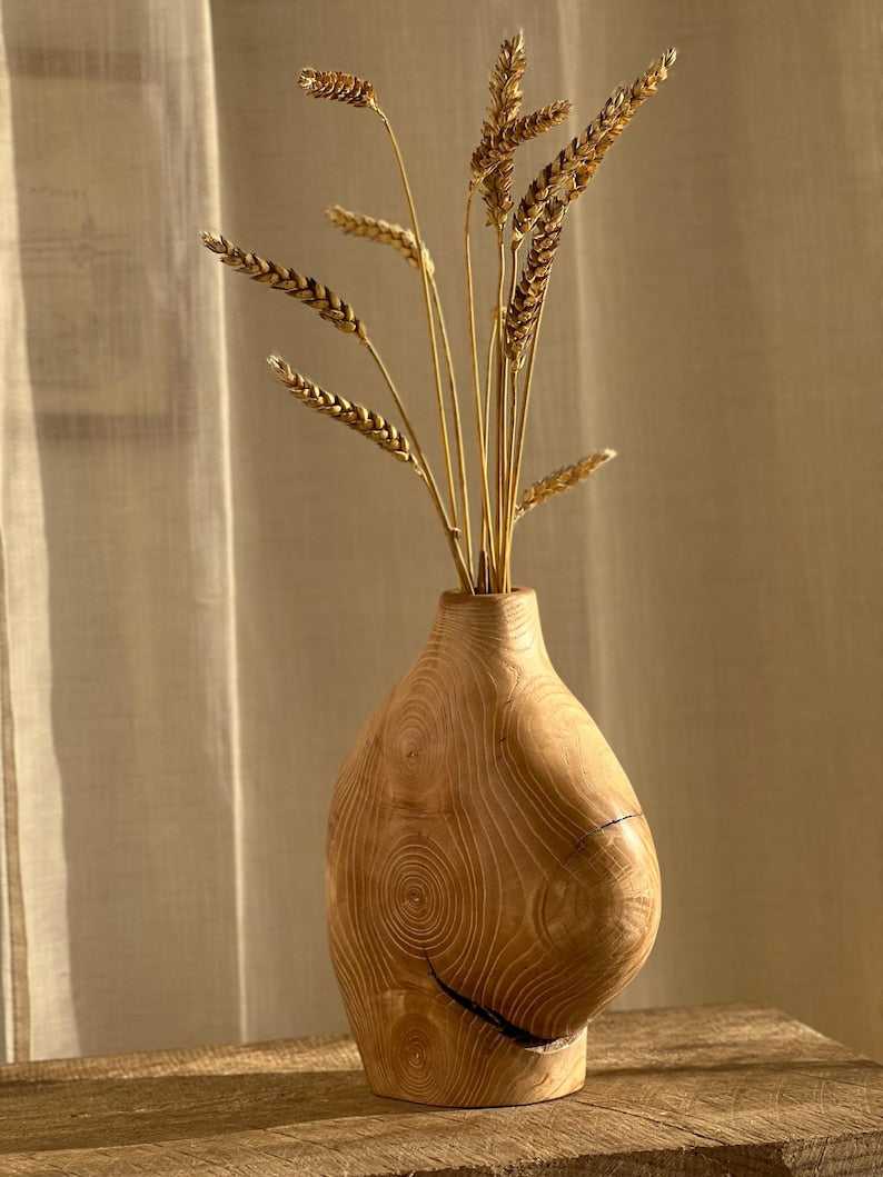 Abstract Organic Hand-carved Wooden Vase, Rustic Home Art Decoration