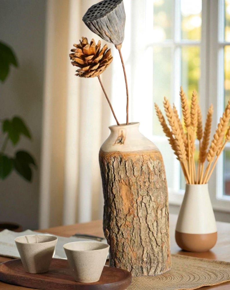 Rustic Camphor Wood Vase, Handmade Natural Bark, Home Decor