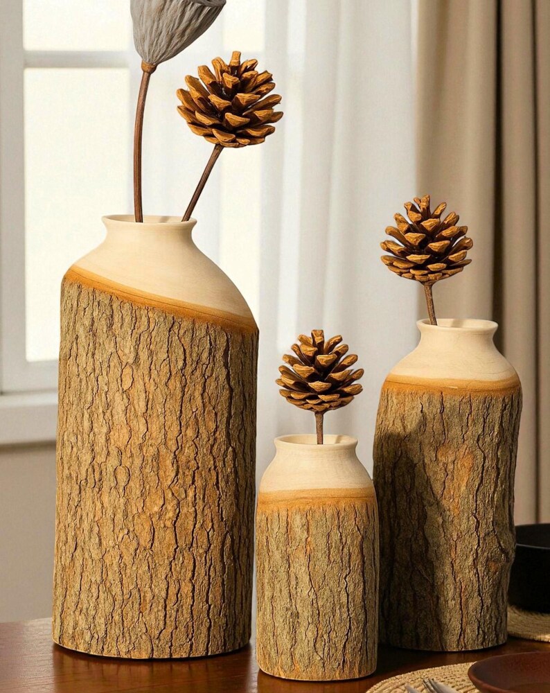 Rustic Camphor Wood Vase, Handmade Natural Bark, Home Decor
