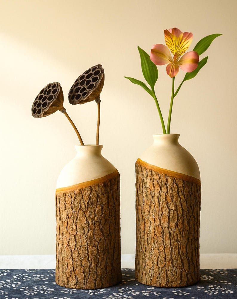 Rustic Camphor Wood Vase, Handmade Natural Bark, Home Decor