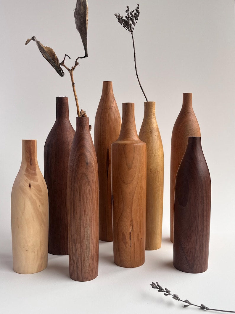 Handmade wooden vase with glass liner