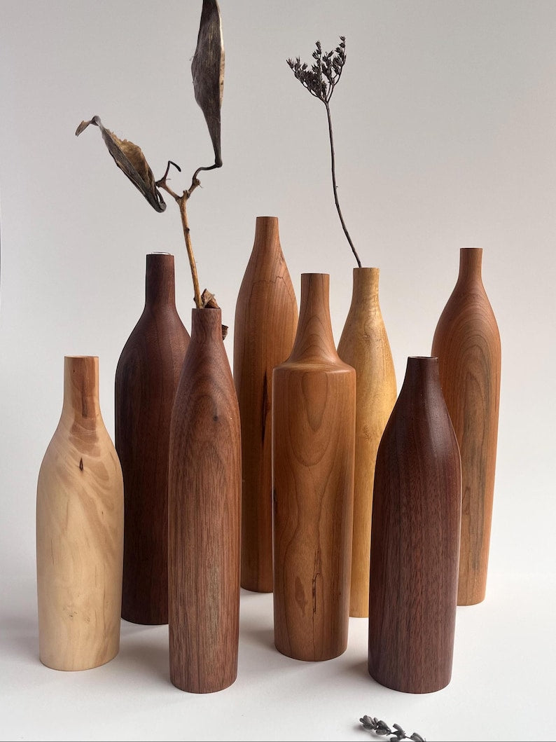 Handmade wooden vase with glass liner