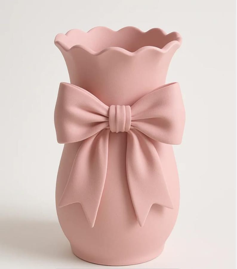 Playful bow 3D printed vase, romantic sculpted floral decoration
