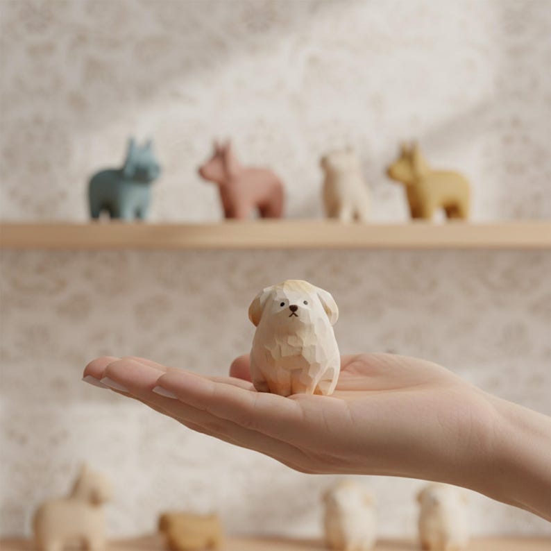 Hand-carved wooden puppy figurine, cute pet desktop decoration
