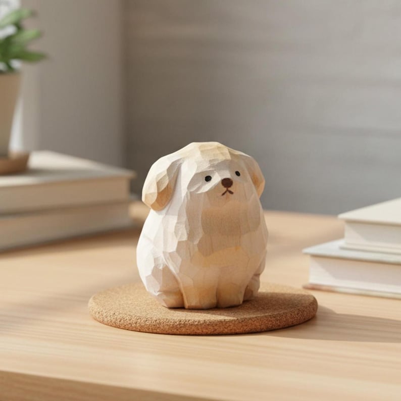Hand-carved wooden puppy figurine, cute pet desktop decoration