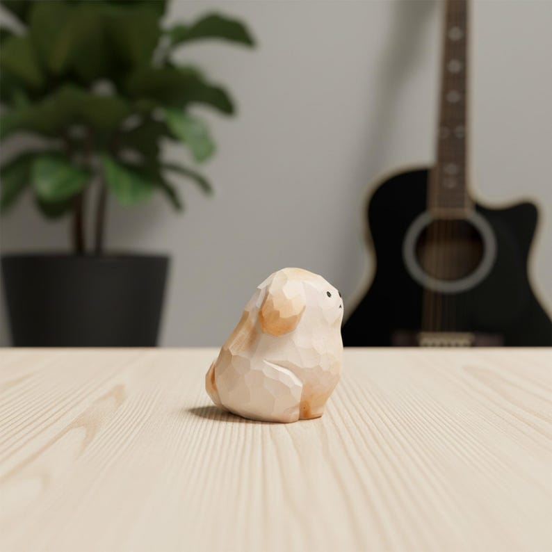 Hand-carved wooden puppy figurine, cute pet desktop decoration