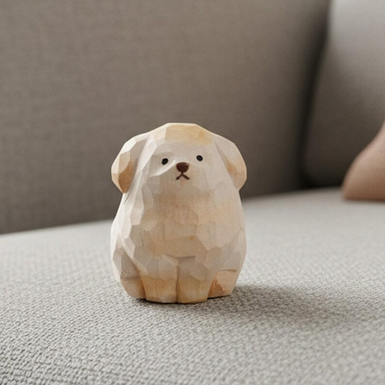 Hand-carved wooden puppy figurine, cute pet desktop decoration
