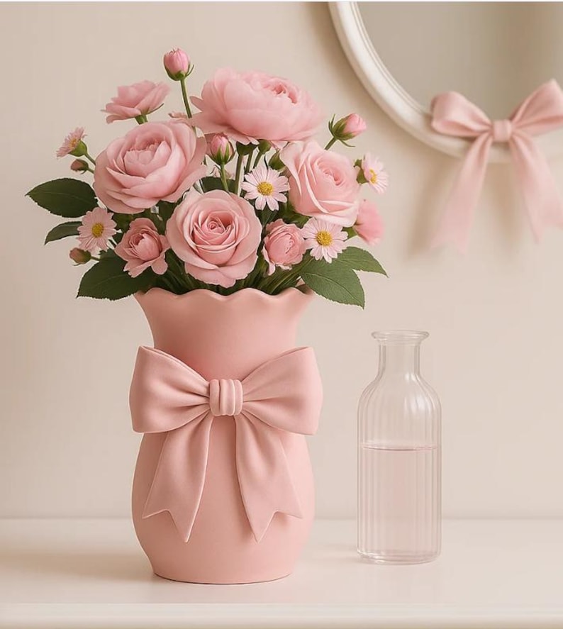 Playful bow 3D printed vase, romantic sculpted floral decoration
