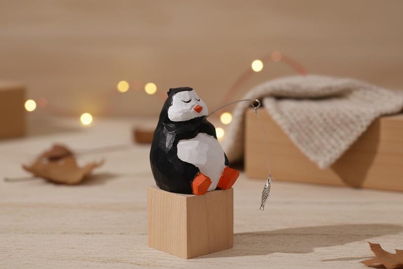 Handmade Wooden Fishing Cat Figurine, Cute Desktop Home Decor