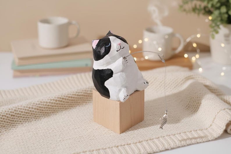 Handmade Wooden Fishing Cat Figurine, Cute Desktop Home Decor