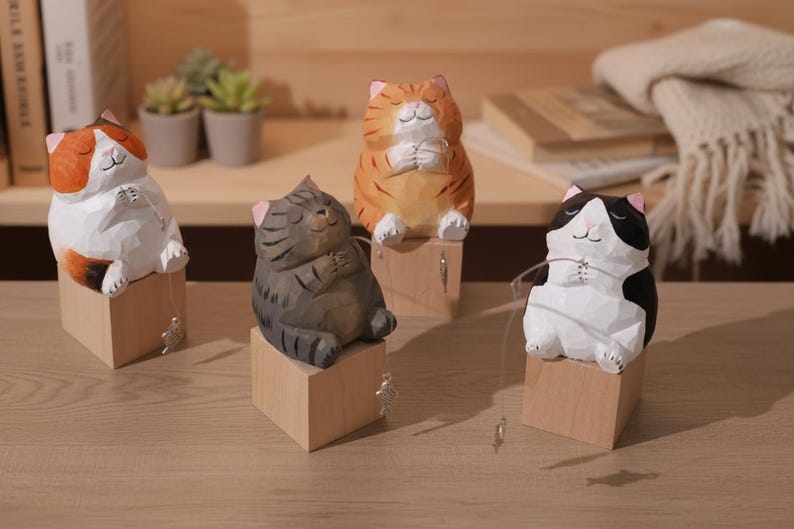 Handmade Wooden Fishing Cat Figurine, Cute Desktop Home Decor
